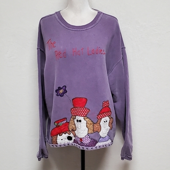 VINTAGE The Red Hat Ladies OOAK Handmade Stone Wash Purple Embroidery Sweatshirt - Picture 4 of 12
